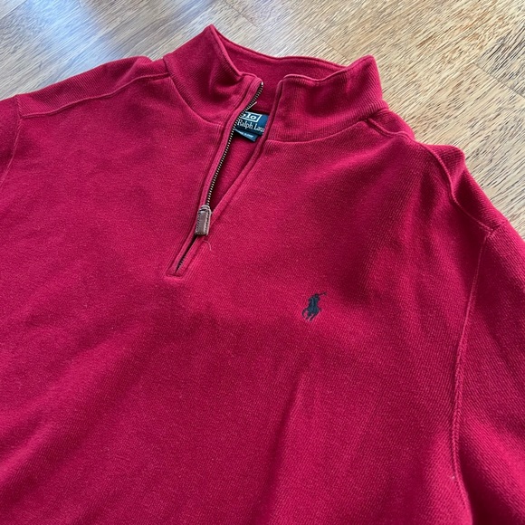 Polo Ralph Lauren 1/4 Zip Pima Cotton Sweater Mens XL Red Pullover Leather - Picture 2 of 4